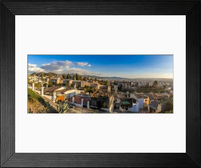 Framed Print : Aerial panoramic view of the Alhambra complex in Granada Spain with walls and towers and palaces Framed Print : Aerial panoramic view of the Alhambra complex in Granada Spain with walls and towers and palaces