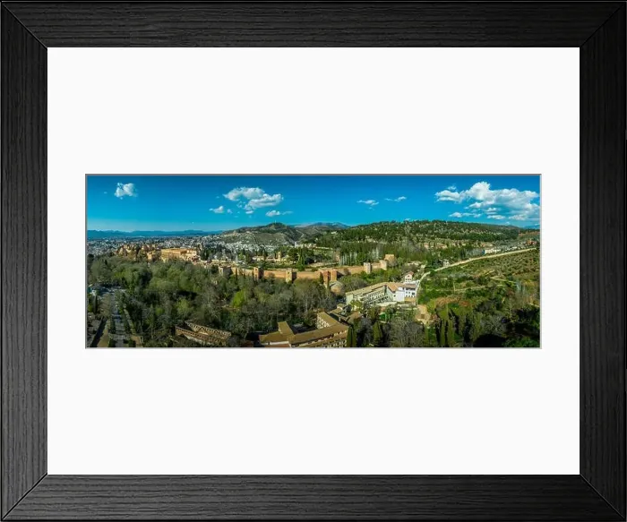 Framed Print : Aerial panoramic view of the Alhambra complex in Granada Spain with walls and towers and palaces Framed Print : Aerial panoramic view of the Alhambra complex in Granada Spain with walls and towers and palaces