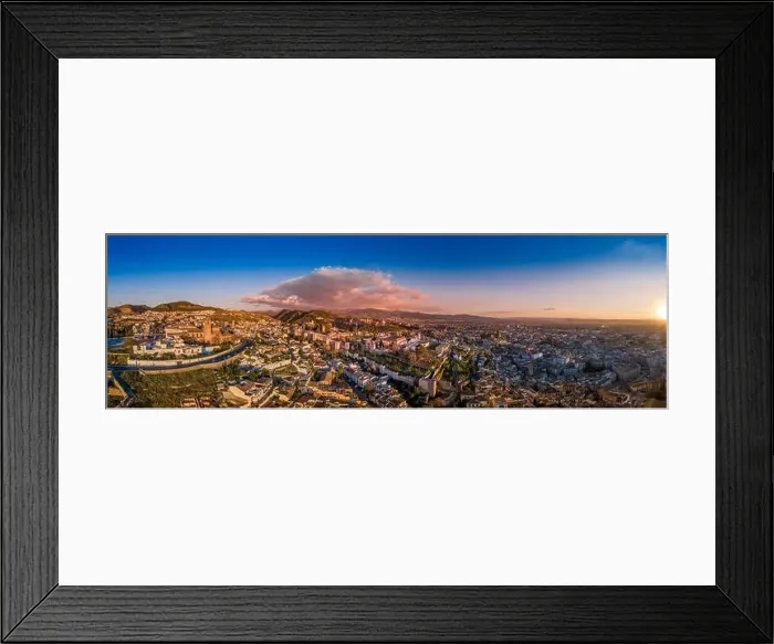 Framed Print : Aerial sunset panorama view of the Alhambra fortress and palace complex with surrounding medieval walls Framed Print : Aerial sunset panorama view of the Alhambra fortress and palace complex with surrounding medieval walls