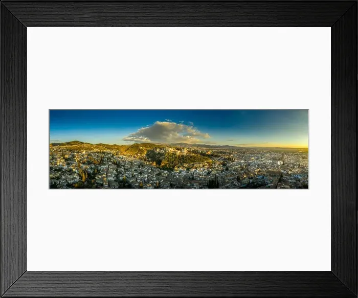 Framed Print : Aerial panoramic view of the Alhambra complex in Granada Spain with walls and towers and palaces Framed Print : Aerial panoramic view of the Alhambra complex in Granada Spain with walls and towers and palaces