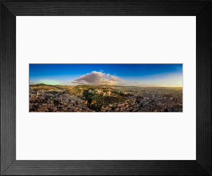 Framed Print : Aerial panoramic view of the Alhambra complex in Granada Spain with walls and towers and palaces Framed Print : Aerial panoramic view of the Alhambra complex in Granada Spain with walls and towers and palaces