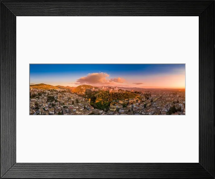 Framed Print : Aerial sunset panorama view of the Alhambra fortress and palace complex with surrounding medieval walls Framed Print : Aerial sunset panorama view of the Alhambra fortress and palace complex with surrounding medieval walls