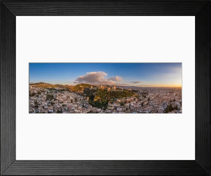 Framed Print : Aerial sunset panorama view of the Alhambra fortress and palace complex with surrounding medieval walls Framed Print : Aerial sunset panorama view of the Alhambra fortress and palace complex with surrounding medieval walls
