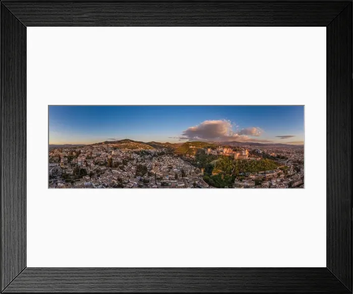 Framed Print : Aerial sunset panorama view of the Alhambra fortress and palace complex with surrounding medieval walls Framed Print : Aerial sunset panorama view of the Alhambra fortress and palace complex with surrounding medieval walls