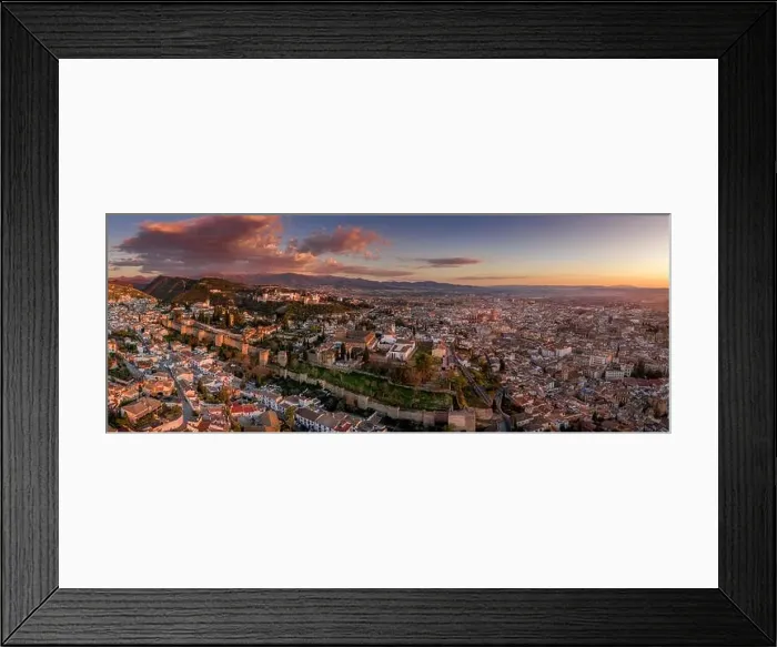 Framed Print : Aerial sunset panorama view of the Alhambra fortress and palace complex with surrounding medieval walls Framed Print : Aerial sunset panorama view of the Alhambra fortress and palace complex with surrounding medieval walls