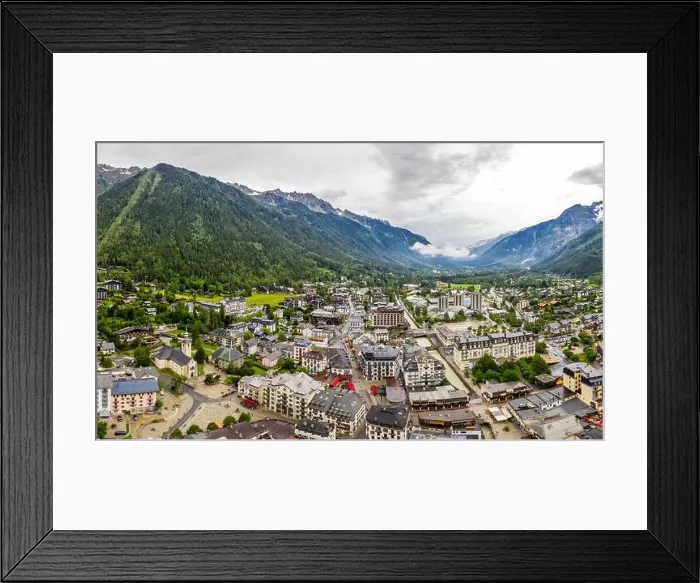 Framed Print : Amazing drone view of town and village in Chamonix valley Framed Print : Amazing drone view of town and village in Chamonix valley
