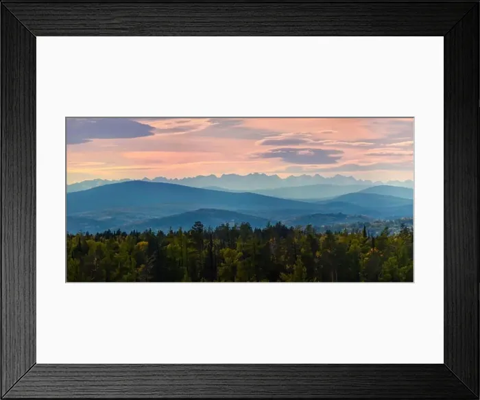 Framed Print : Wide angle panorama autumn forest, misty hills mountain tops in pink dawn