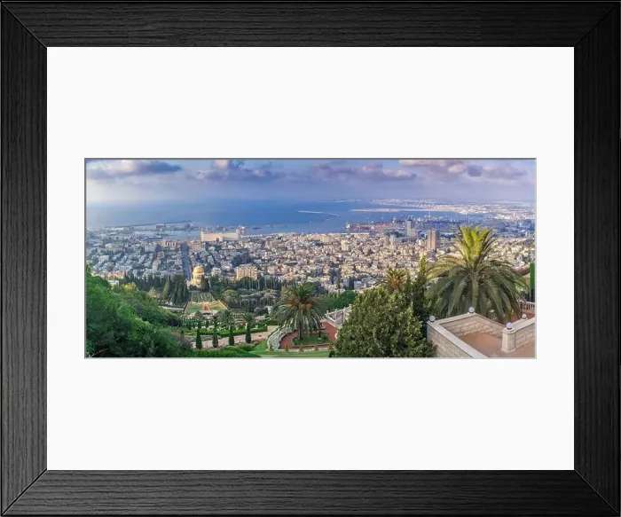 Framed Print : Aerial view of the colorful, magnificent Bahai garden on the hills of the Carmel in Haifa Israel Framed Print : Aerial view of the colorful, magnificent Bahai garden on the hills of the Carmel in Haifa Israel