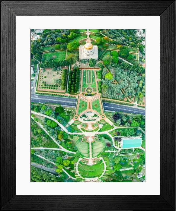 Framed Print : Aerial view of the colorful, magnificent Bahai garden on the hills of the Carmel in Haifa Israel Framed Print : Aerial view of the colorful, magnificent Bahai garden on the hills of the Carmel in Haifa Israel