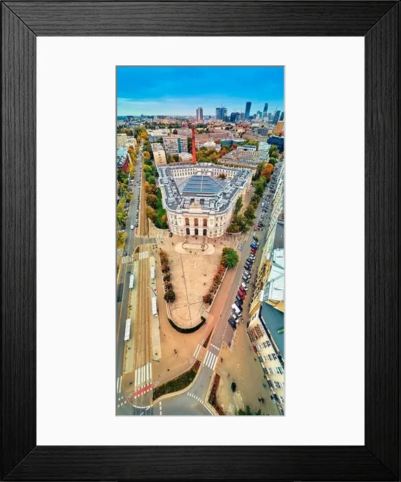 Framed Print : Beautiful panoramic aerial drone view to The Main Building of the Warsaw University of Technology - the historic Framed Print : Beautiful panoramic aerial drone view to The Main Building of the Warsaw University of Technology - the historic