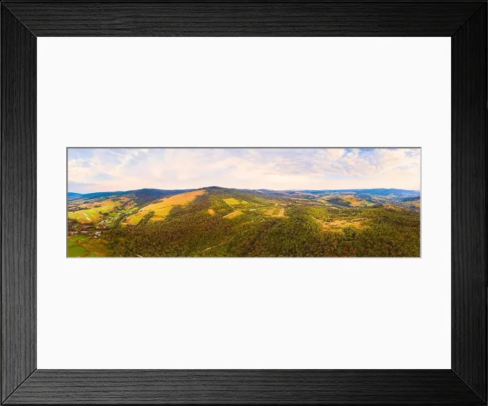 Framed Print : 180 degrees panoramic landscape of countryside, aerial drone view of nature in Carpathians. Sunset time, end of summer Framed Print : 180 degrees panoramic landscape of countryside, aerial drone view of nature in Carpathians. Sunset time, end of summer