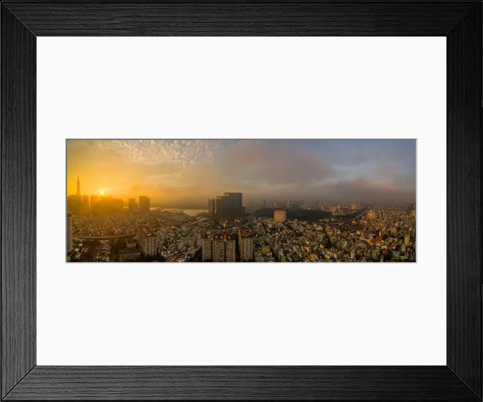 Framed Print : Beautiful aerial urban sunrise in Southeast Asia due to an extreme air pollution level Framed Print : Beautiful aerial urban sunrise in Southeast Asia due to an extreme air pollution level