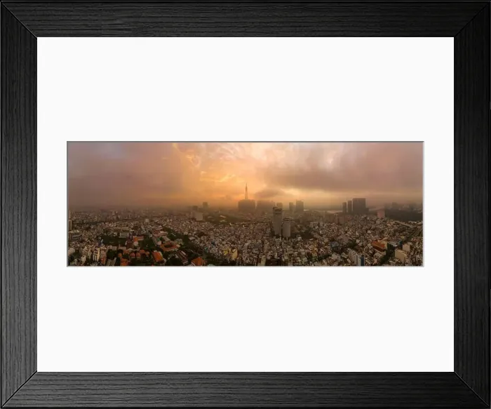 Framed Print : Beautiful aerial urban sunrise in Southeast Asia due to an extreme air pollution level Framed Print : Beautiful aerial urban sunrise in Southeast Asia due to an extreme air pollution level