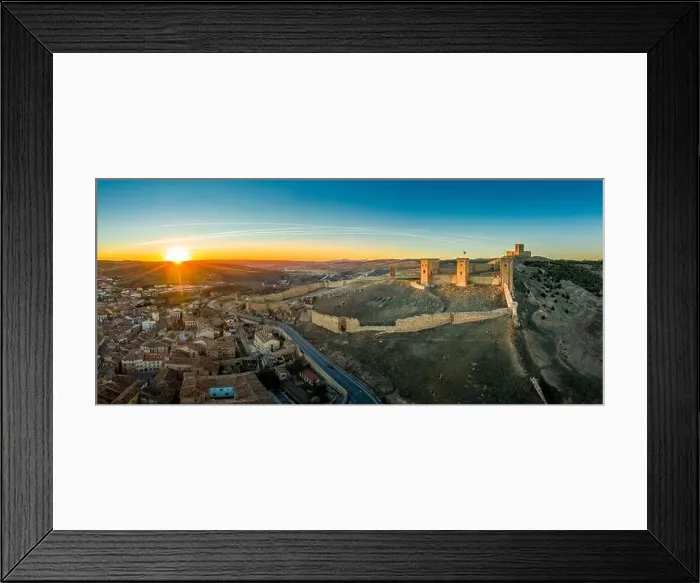 Framed Print : Molina de Aragon classic medieval Spanish ruined partially restored castle aerial panorama view at sunset close to Framed Print : Molina de Aragon classic medieval Spanish ruined partially restored castle aerial panorama view at sunset close to