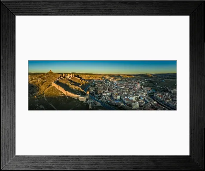 Framed Print : Molina de Aragon classic medieval Spanish ruined partially restored castle aerial panorama view at sunset close to Framed Print : Molina de Aragon classic medieval Spanish ruined partially restored castle aerial panorama view at sunset close to