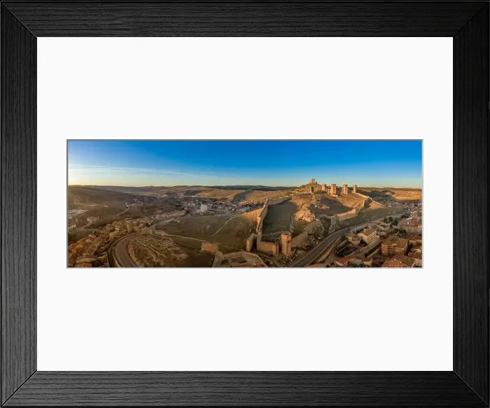 Framed Print : Molina de Aragon classic medieval Spanish ruined partially restored castle aerial panorama view at sunset close to Framed Print : Molina de Aragon classic medieval Spanish ruined partially restored castle aerial panorama view at sunset close to