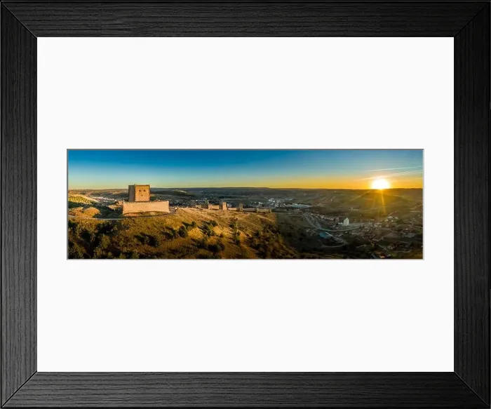 Framed Print : Molina de Aragon classic medieval Spanish ruined partially restored castle aerial panorama view at sunset close to Framed Print : Molina de Aragon classic medieval Spanish ruined partially restored castle aerial panorama view at sunset close to
