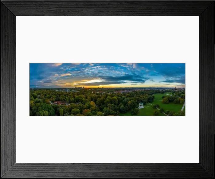 Framed Print : A beautiful start in the day. Sunset over Munichs English Garden as an aerial panorama shot Framed Print : A beautiful start in the day. Sunset over Munichs English Garden as an aerial panorama shot