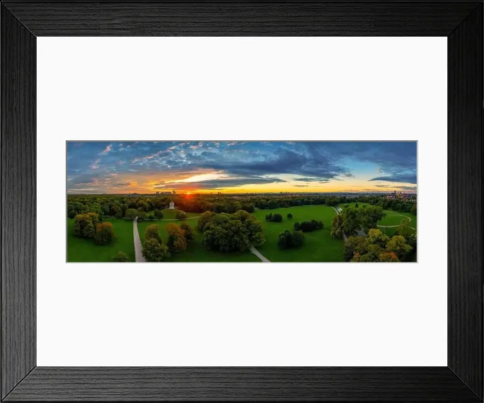 Framed Print : A beautiful start in the day. Sunset over Munichs English Garden as an aerial panorama Framed Print : A beautiful start in the day. Sunset over Munichs English Garden as an aerial panorama
