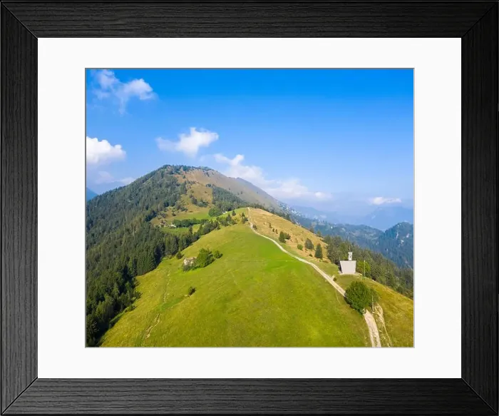 Framed Print : Aerial view of the Chiesetta degli Alpini of Monte Blum and Cima Paré Framed Print : Aerial view of the Chiesetta degli Alpini of Monte Blum and Cima Paré