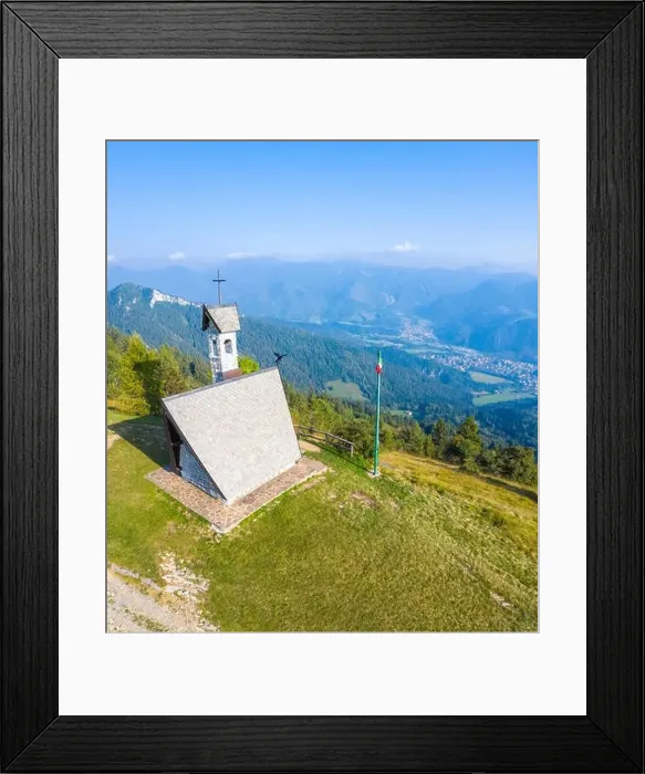 Framed Print : Aerial view of the Chiesetta degli Alpini of Monte Blum and Cima Paré Framed Print : Aerial view of the Chiesetta degli Alpini of Monte Blum and Cima Paré