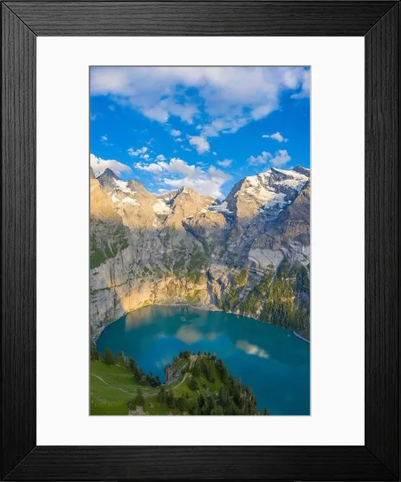 Framed Print : Aerial panoramic of Oeschinensee lake during sunset, Bernese Oberland, Kandersteg, Canton of Bern Switzerland Framed Print : Aerial panoramic of Oeschinensee lake during sunset, Bernese Oberland, Kandersteg, Canton of Bern Switzerland