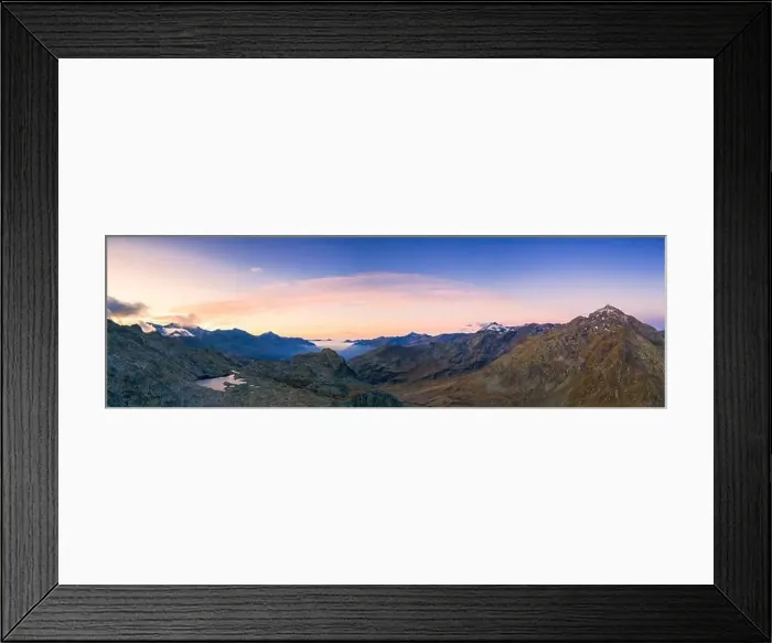 Framed Print : Aerial panoramic of the sky at sunrise over Laghi Azzurri (Bergsee) and peaks Framed Print : Aerial panoramic of the sky at sunrise over Laghi Azzurri (Bergsee) and peaks