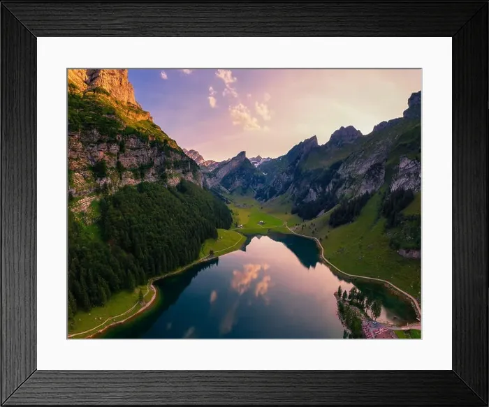 Framed Print : Aerial view of the Seealpsee lake in the Swiss Alps at sunset Framed Print : Aerial view of the Seealpsee lake in the Swiss Alps at sunset
