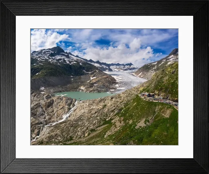 Framed Print : Aerial view of the melting Rhone glacier and the glacial lake in the Swiss Alps Framed Print : Aerial view of the melting Rhone glacier and the glacial lake in the Swiss Alps