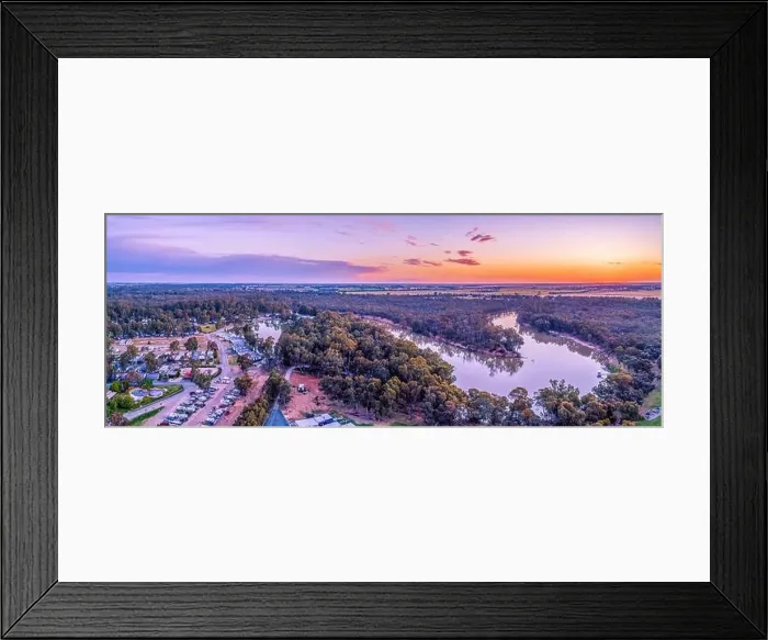 Framed Print : Aerial panorama of Murray River and holiday park at sunset. Moama, New South Wales, Australia Framed Print : Aerial panorama of Murray River and holiday park at sunset. Moama, New South Wales, Australia