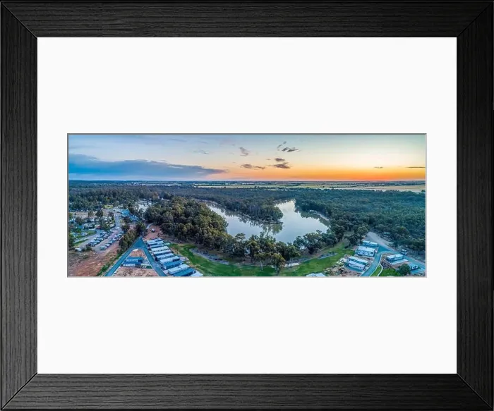 Framed Print : Aerial panorama of holiday park cabins on the shores of Murray RIver in Moama, NSW, Australia