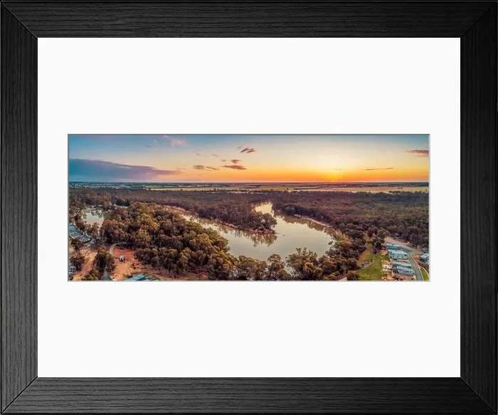 Framed Print : Murray River bend at sunset - aerial panorama