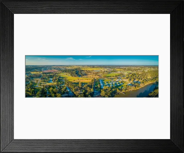 Framed Print : Wide aerial panoramic landscape of Moama in New South Wales, Australia Framed Print : Wide aerial panoramic landscape of Moama in New South Wales, Australia