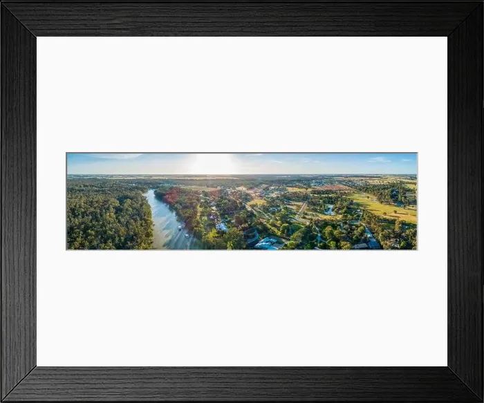 Framed Print : Aerial panorama of Moama town and Murray River at sunset Framed Print : Aerial panorama of Moama town and Murray River at sunset