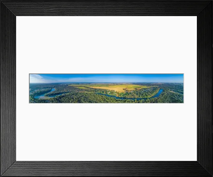 Framed Print : Wide aerial panorama of long stretch of Murray River in scenic countryside Framed Print : Wide aerial panorama of long stretch of Murray River in scenic countryside