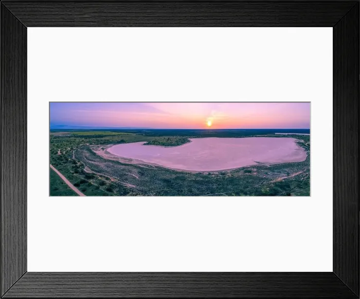 Framed Print : Aerial panorama of sunset over pink lake in Australia Framed Print : Aerial panorama of sunset over pink lake in Australia