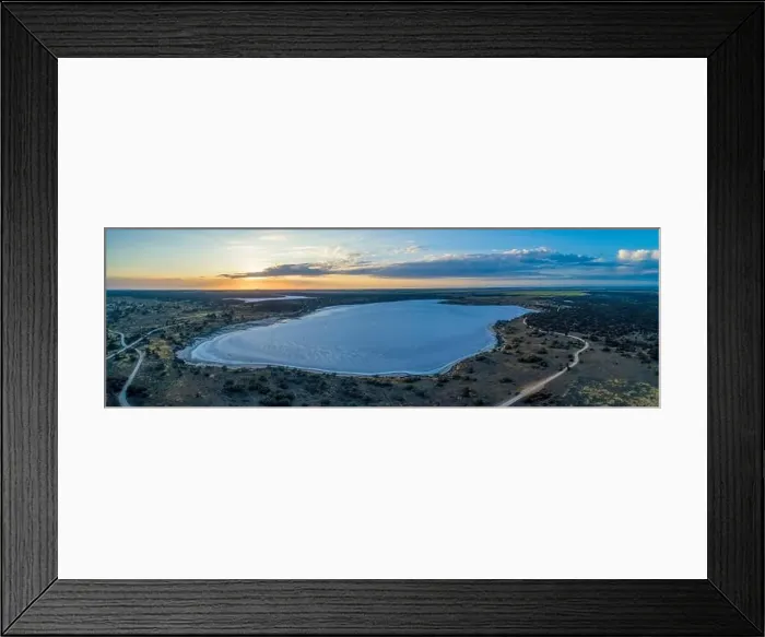 Framed Print : Aerial panoramic landscape of scenic salt lake Crosbie at sunrise Framed Print : Aerial panoramic landscape of scenic salt lake Crosbie at sunrise