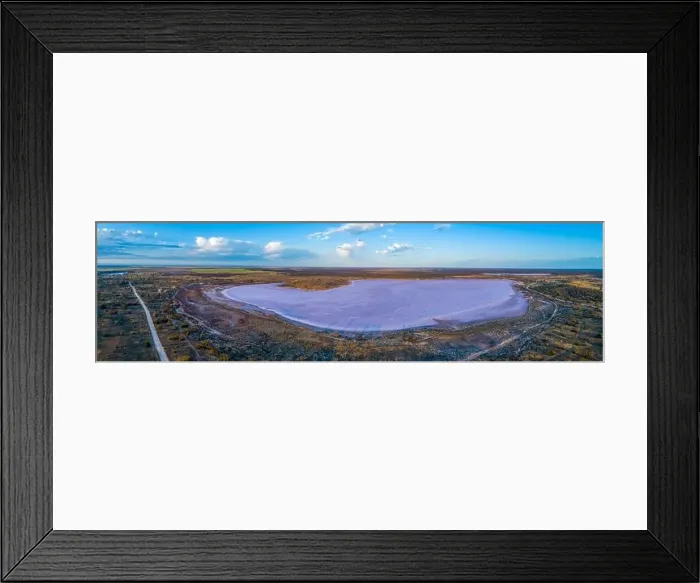 Framed Print : Aerial panorama of pink lake crosbie at sunrise in Australian desert Framed Print : Aerial panorama of pink lake crosbie at sunrise in Australian desert