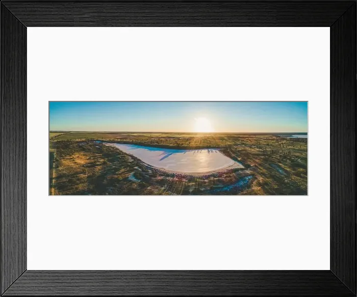 Framed Print : Wide aerial panorama of sunset over Lake Hardy in Australian desert Framed Print : Wide aerial panorama of sunset over Lake Hardy in Australian desert