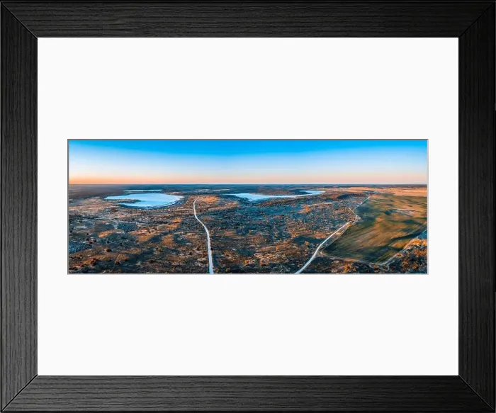 Framed Print : Salt lakes Kenyon and Crosbie in the desert at sunset - aerial panorama Framed Print : Salt lakes Kenyon and Crosbie in the desert at sunset - aerial panorama