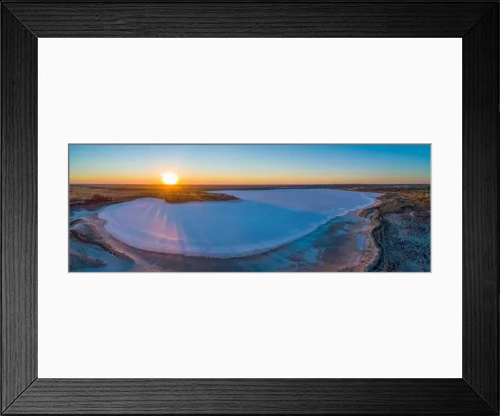Framed Print : Sunset over salt lake in the desert - wide aerial panoramic landscape Framed Print : Sunset over salt lake in the desert - wide aerial panoramic landscape