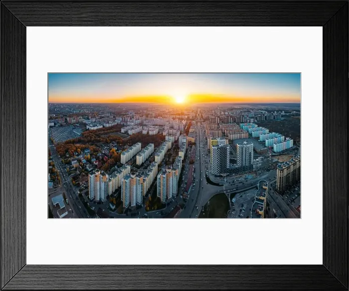 Framed Print : Sunset above panorama of modern residential area in Voronezh, aerial view from drone Framed Print : Sunset above panorama of modern residential area in Voronezh, aerial view from drone