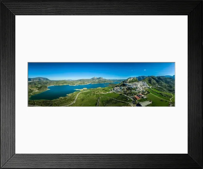 Framed Print : Zahara de la Sierra aerial view of medieval castle, hilltop village and lake near Sevilla Spain Framed Print : Zahara de la Sierra aerial view of medieval castle, hilltop village and lake near Sevilla Spain