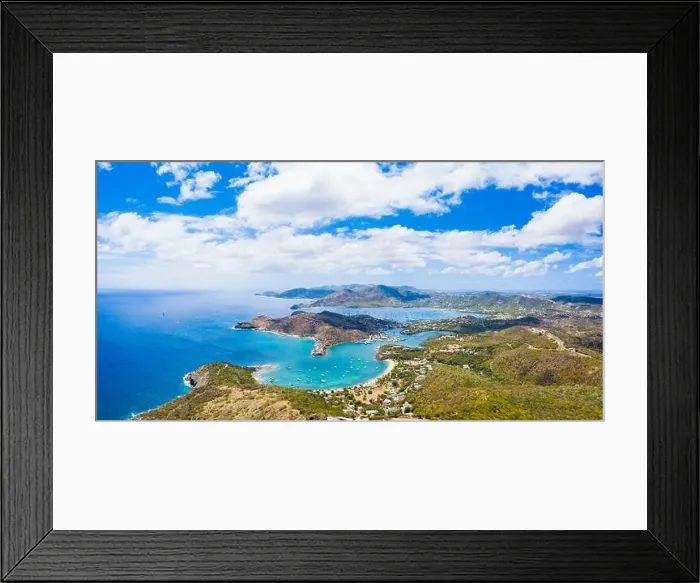 Framed Print : Aerial panoramic by drone of Galleon beach and English Harbour Framed Print : Aerial panoramic by drone of Galleon beach and English Harbour