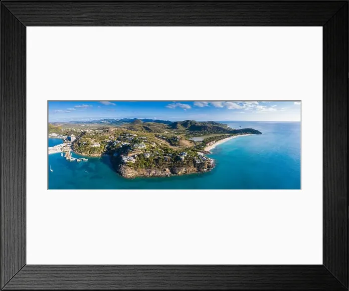 Framed Print : Aerial panoramic by drone of Caribbean Sea surrounding Deep Bay and Galley Bay Framed Print : Aerial panoramic by drone of Caribbean Sea surrounding Deep Bay and Galley Bay