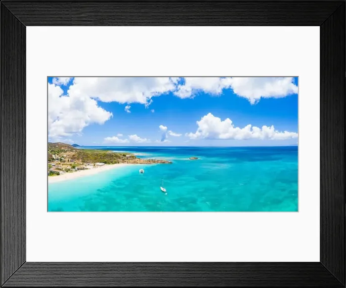 Framed Print : Aerial panoramic by drone of boats in the blue Caribbean Sea approaching to Turners Beach Framed Print : Aerial panoramic by drone of boats in the blue Caribbean Sea approaching to Turners Beach