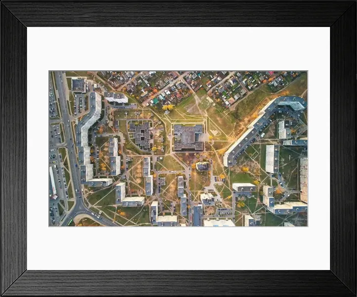 Framed Print : Neighbourhood with school and roads above top view Framed Print : Neighbourhood with school and roads above top view