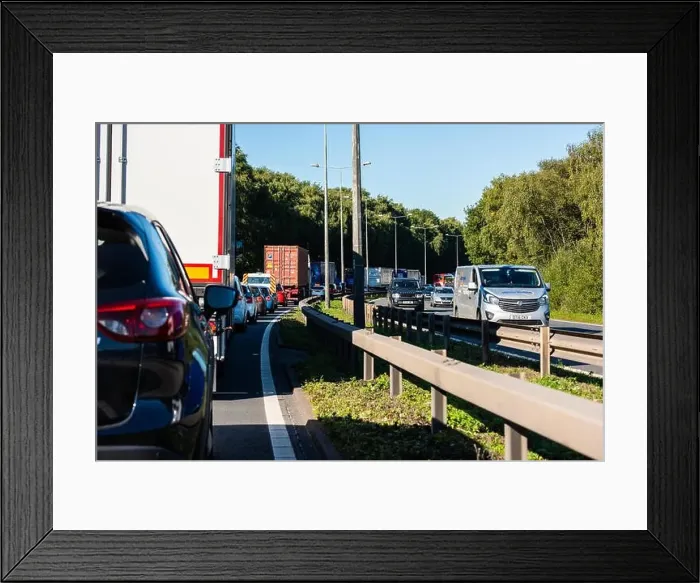 Framed Print : Queues on the A500 motorway due to an accident further ahead, traffic jams and delays on the dual carriage way Framed Print : Queues on the A500 motorway due to an accident further ahead, traffic jams and delays on the dual carriage way