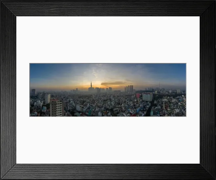 Framed Print : Five o'clock, early morning aerial urban panorama of Ho Chi Minh City featuring city center Framed Print : Five o'clock, early morning aerial urban panorama of Ho Chi Minh City featuring city center