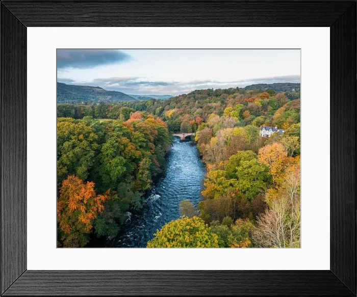 Framed Print : Autumnal landscape with colorful trees and River Dee at sunrise in Wales, UK Framed Print : Autumnal landscape with colorful trees and River Dee at sunrise in Wales, UK